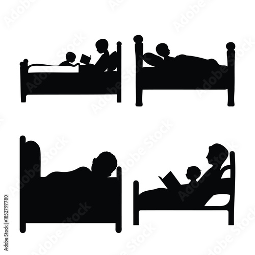 Bedtime stories, reading to children, and sleeping icons