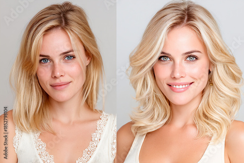 Makeup transformation showing before and after results with styled hair Generative AI