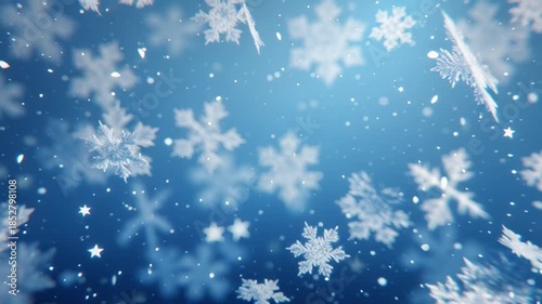 Magical Winter Snowflakes Falling on Blue Frosty Background with Icy Shimmer