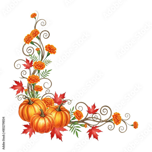 Autumn Pumpkin and Marigold Corner Frame Illustration - Orange Floral Border Vector Design with Maple Leaves for Halloween, Thanksgiving, Invitations, Clipart | Isolated Transparent Background