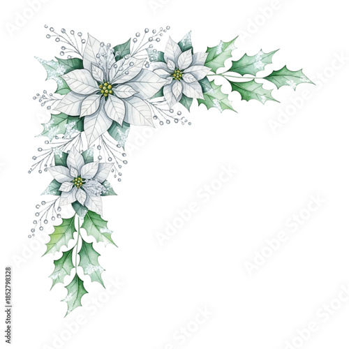 Festive White Poinsettia and Holly Corner Frame Illustration - Winter Floral Border Vector Design with Frosty Accents and Green Leaves for Christmas, Invitations, Clipart | Isolated Transparent Backgr