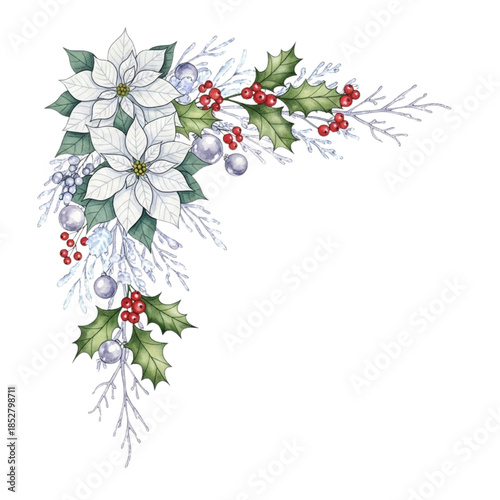 Festive White Poinsettia Holly Berry Corner Frame Illustration - Christmas Floral Border Vector Design with Red Berries and Frosty Accents for Holidays, Invitations, Clipart | Isolated Transparent Bac