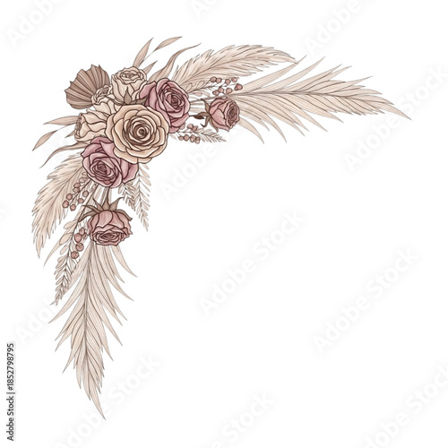 Boho Pampas Grass and Rose Corner Frame Illustration - Pink Beige Floral Border Vector Design with Feathers for Weddings, Invitations, Logos, Clipart | Isolated Transparent Background