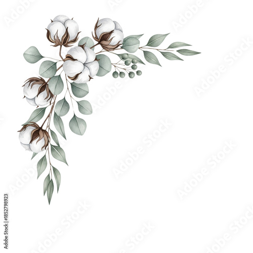 Rustic White Cotton Boll Corner Frame Illustration - Fluffy Floral Border Vector Design with Green Leaves for Weddings, Invitations, Logos, Clipart | Isolated Transparent Background