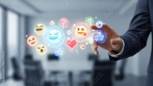 Businessman interacting with social media emojis in modern office