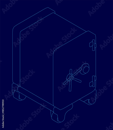 A vintage safe in clean line art contour style sits isolated on a solid blue background. The isometric perspective highlights its classic form and sturdy details. Isometric view