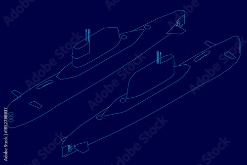 Low poly submarine contour blueprint on blue background. Two outlined vessels depicted with a crisp and clean geometric design. This illustration is ideal for technology or military. Isometric view