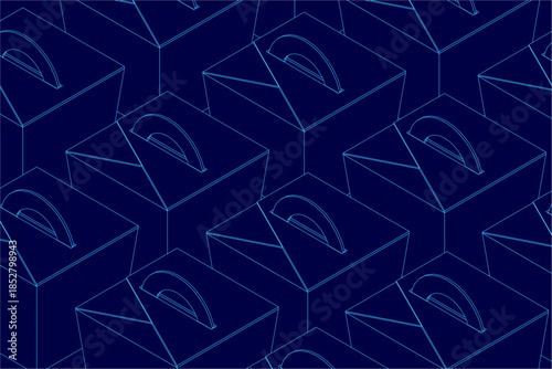 A set of food containers with clean contours sits on a repeating pattern of blue boxes. The simple, eye-catching design creates a visually pleasing background.