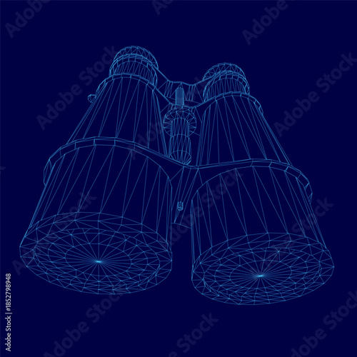 Vintage binoculars rendered as a detailed wireframe model against a dark blue background. This technical illustration highlights the classic optical design and mechanical structure.