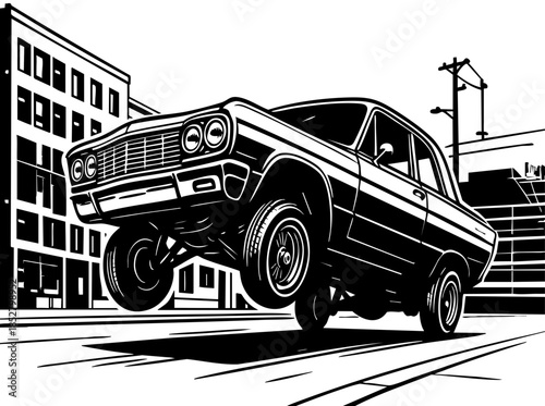 Classic lowrider hopping on hydraulic suspension, exaggerated tilt and wheel articulation