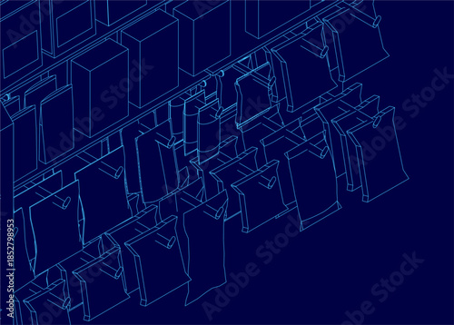 A blueprint's contour lines map snack shelf architecture with organized box modules. This efficient layout maximizes storage and visual appeal. Isometric view