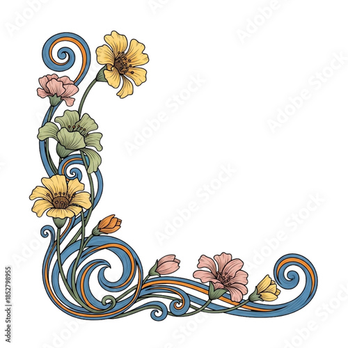 Art Nouveau Colorful Flower Swirl Corner Frame Illustration - Yellow Pink Floral Border Vector Design with Blue Vines for Invitations, Decor, Logos, Clipart | Isolated Transparent Background