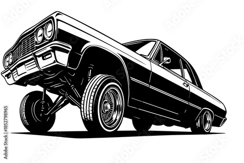  Extreme lowrider car with radical hydraulic suspension, front lifted high and rear slammed
