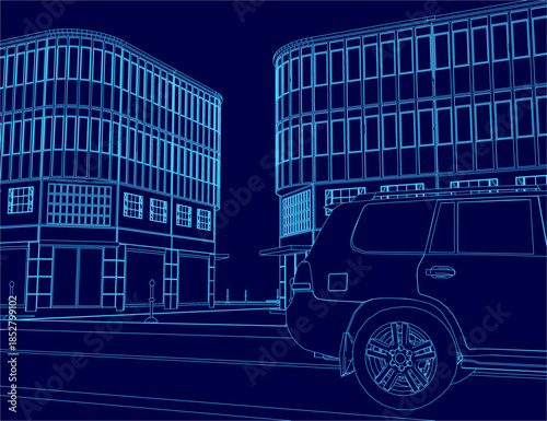 A sleek car parked on a quiet city street at night, illuminated by moonlight and stars amidst towering building contours.