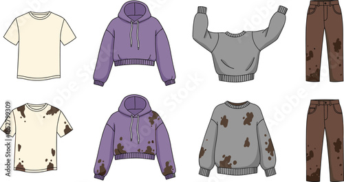 Set of Clean and Dirty Clothes Vector Illustration with T-shirt Hoodie Sweater and Pants Isolated on White Background for Laundry Design