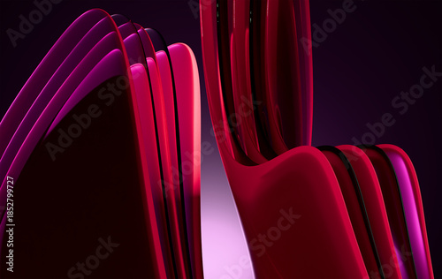 Abstract red and pink glossy 3D shapes with smooth reflections on dark background — modern digital art
