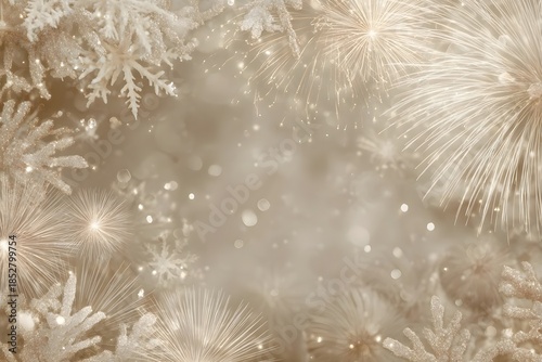 Bright fireworks burst amid soft, snowy branches in a warm, festive night scene.