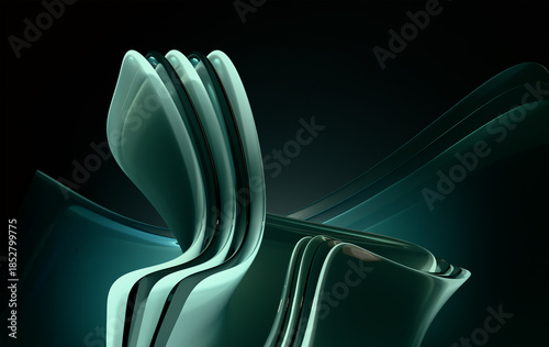 Futuristic teal and emerald glossy curves with transparent layers — elegant abstract composition