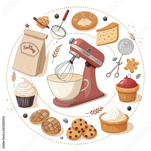 Vector illustration set of retro bakery products and sweets featuring chocolate cakes cupcakes and dessert icons for a breakfast coffee shop design pattern