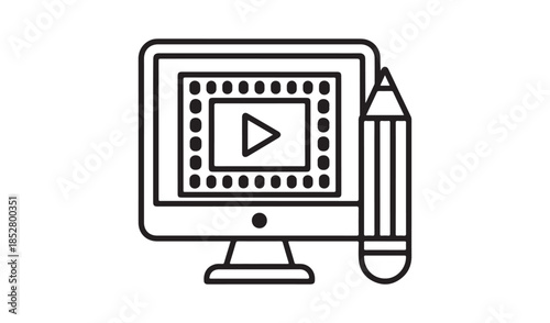 Computer Monitor with Film Strip and Pencil Representing Video Editing and Digital Content Creation