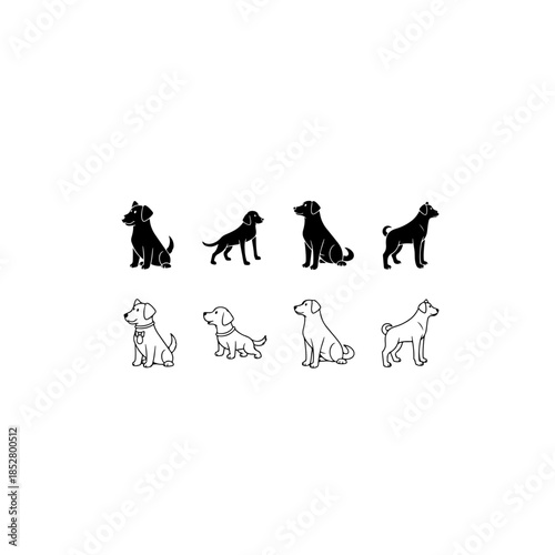 Dog illustrations set: silhouettes and line art isolated on transparent background