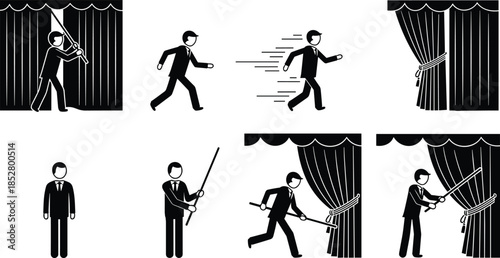 Businessman opening curtains icon set, man running and revealing stage, presentation start concept, success action, flat pictogram illustration