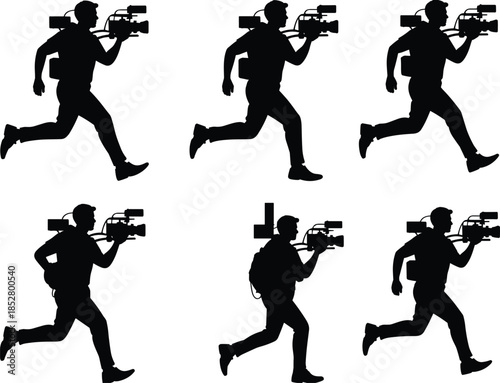 Cameraman silhouettes running with video camera, news reporter action poses, journalism media production, filming motion, isolated white background vector illustration