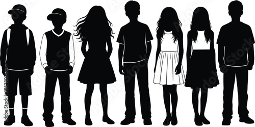 Children and teenagers standing silhouette collection, boys and girls group illustration, youth diversity concept, education lifestyle vector design