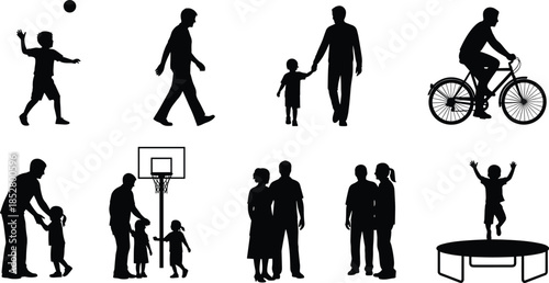 Family activity silhouettes set, parents and children playing, walking, cycling, bonding moments, healthy lifestyle, people illustration collection, isolated white background