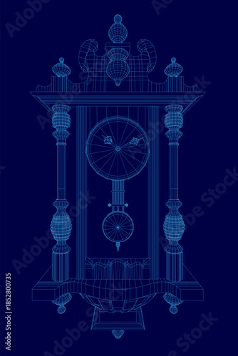 A vintage grandfather clock blueprint with a round face, two hands, and a pendulum. The classic wireframe design contrasts sharply against a solid blue wall background.