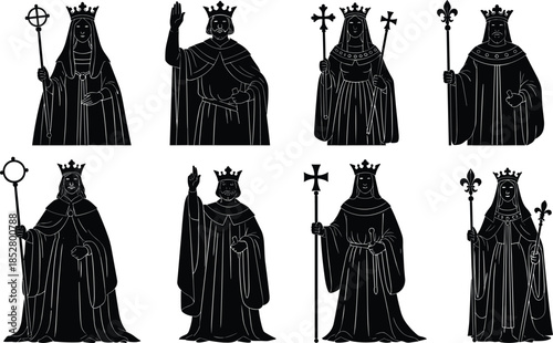 Medieval king and queen figures illustration set, royal religious rulers holding symbols, historical monarchs, gothic art, black silhouette style