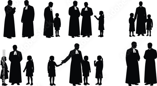Religious clergy with children silhouette collection, priest pastor interaction scenes, faith guidance concept illustration, church community vector