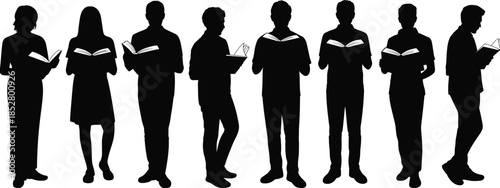 People reading books silhouette collection, men women standing studying, education concept illustration, knowledge learning vector isolated