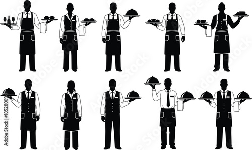 Restaurant waiter waitress silhouette collection, hospitality service staff holding trays, catering uniform illustration, food service workers vector