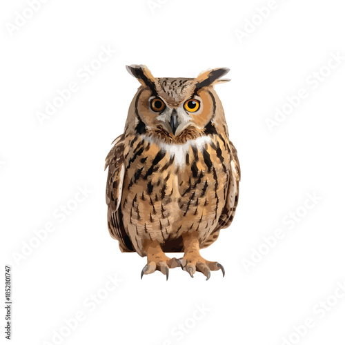 A majestic owl stands upright on a white background with its sharp eyes looking directly forward