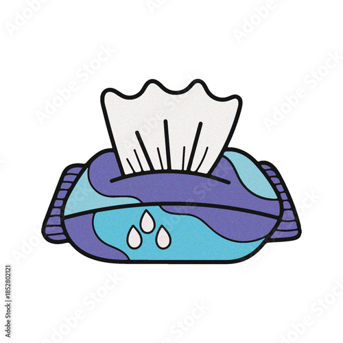 Illustration of a pack of wet wipes with three water droplets on its surface