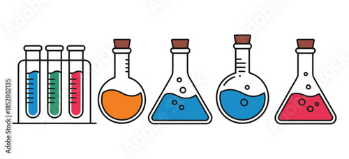Colorful science lab illustration, including flasks, beakers, and test tubes with bright liquids, perfect for educational materials, laboratory experiments, scientific research visuals, STEM learning,