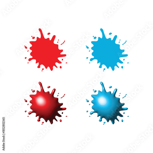 Dynamic Red and Blue Abstract Paint Splatters and Glossy Drips