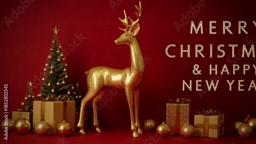 Elegant Golden Reindeer, Christmas Tree, Gifts, Ornaments and 