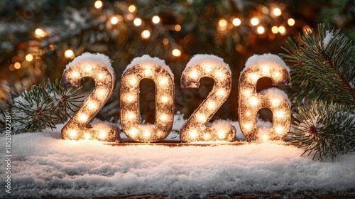 New Year 2026 Illuminated: Illuminated numbers on a snowy surface in the warm glow of the lights, symbolizing the year 2026 against a backdrop of festive lights, winter, and festive spirit.