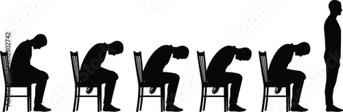 Set of silhouettes showing depressed man sitting on chair with head down and standing guy vector illustration isolated on white