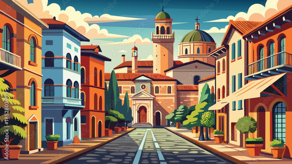 Fototapeta premium Very beautiful street view of Ravenna showcasing historic brick architecture and quiet urban rhythm, representing a city renowned for its ancient mosaics and deep cultural heritage.