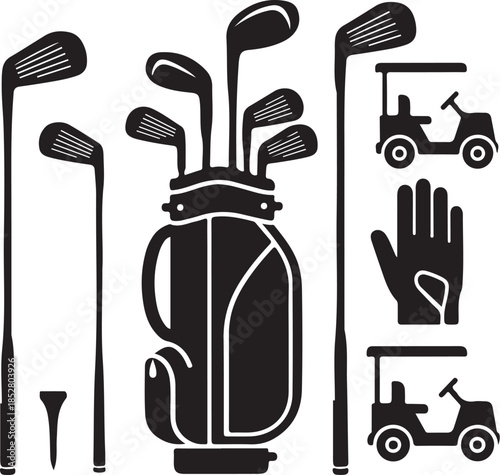Golf equipment collection icons silhouette
