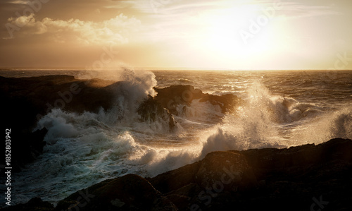 Canvas Print Sunrise at Rhoscolyn with rough seas Anglesey North wales