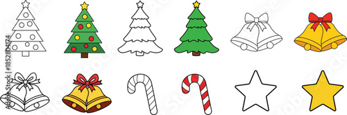 Christmas Icons Outline and Color Set - Tree, Bells with Bow, Candy Cane and Star. Simple Line and Filled Versions for Kids Coloring, Sticker, Greeting Card and Holiday Decor. Flat Vector on White