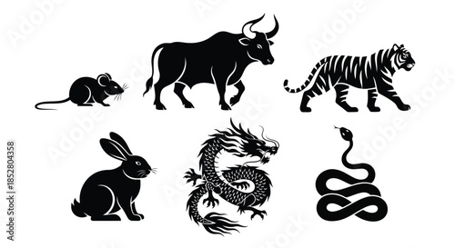 Black silhouettes of Chinese zodiac animals on white background vector