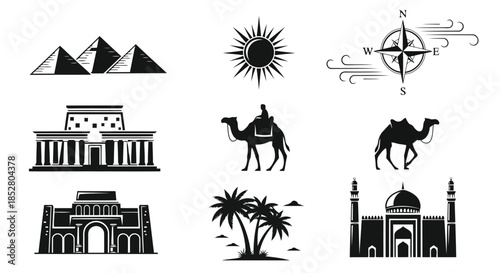 Black and white vector icons of ancient middle eastern landmarks and symbols