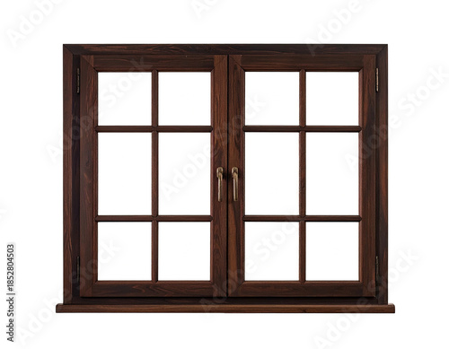 A dark wooden window with eight panes, closed on a black background