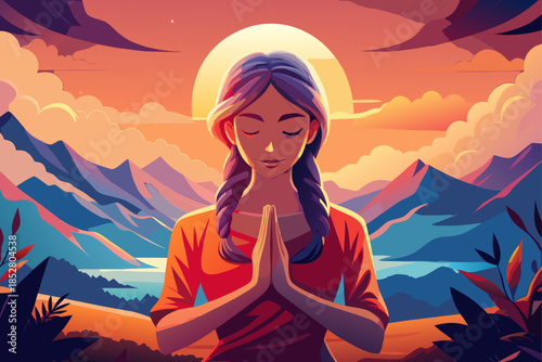 Young girl praying with folded hands against a vibrant sunrise or sunset background, concept of spiritual reflection, moment of peaceful faith, holistic mindfulness and emotional worship scene.