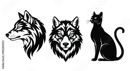 Black and white vector illustrations of wolf and cat heads on white background